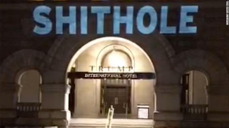 ‘Shithole’ projected on Trump Hotel in Washington DC