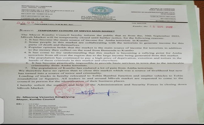 Pro Yaoundé Mayor shuts down Mbveh market in Bui County