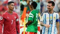 Who is the African World Cup goalscorer older than Ronaldo and Messi?