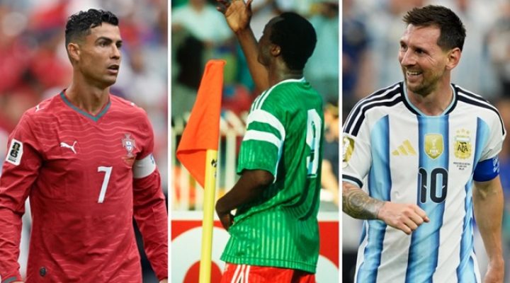 Who is the African World Cup goalscorer older than Ronaldo and Messi?